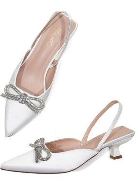Women's White Slingback Rhinestone Bow Heels Pointed Toe Kitten Pumps Slip On